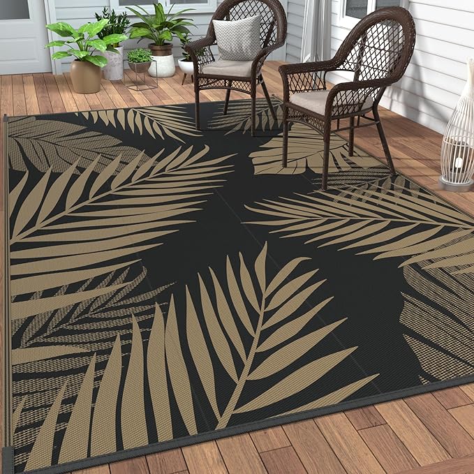 GENIMO Outdoor Rug 8' x 10' Waterproof for Patios Clearance, Reversible Outdoor Plastic Straw Camping Rug Carpet, Large Area Rugs Mats for RV, Camper, Deck, Balcony, Porch, Beach, Picnic, Black&Brown