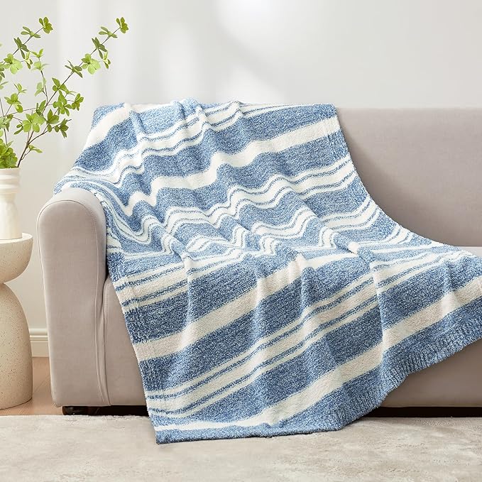 Snuggle Sac Queen Size Bedding Blankets, Oversized Bed Blankets Super Soft Warm Cozy Knit Fuzzy Blankets for Bed, Bedroom, Stripe Blue, 90"x90"