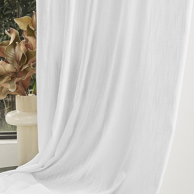 MYSKY HOME White Sheer Curtains 63 inch length Light Filtering Semi Sheer Curtains for Bedroom Short Window Treatment Privacy Protect Drapes Set, Back Tab Boho Farmhouse Linen Soft, 50" Wide, 2 Panels