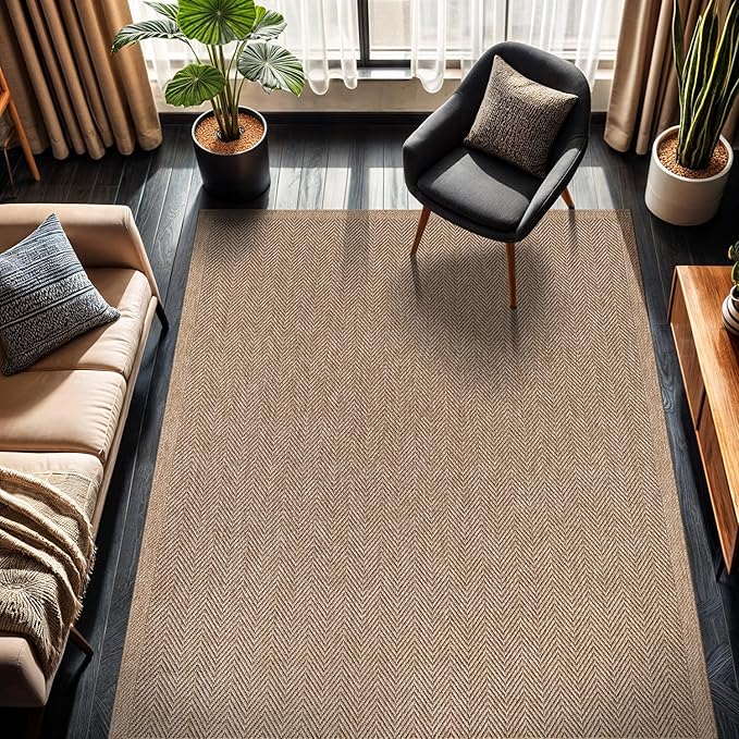 CAMILSON Easy Jute Rug 4x6, Indoor Outdoor Natural Color Fiber Area Rugs for Living Room Patio and Kitchen Rug Herringbone Seagrass Woven Design Easy-Cleaning Washable Outside Carpet Alfombras 4 x 6