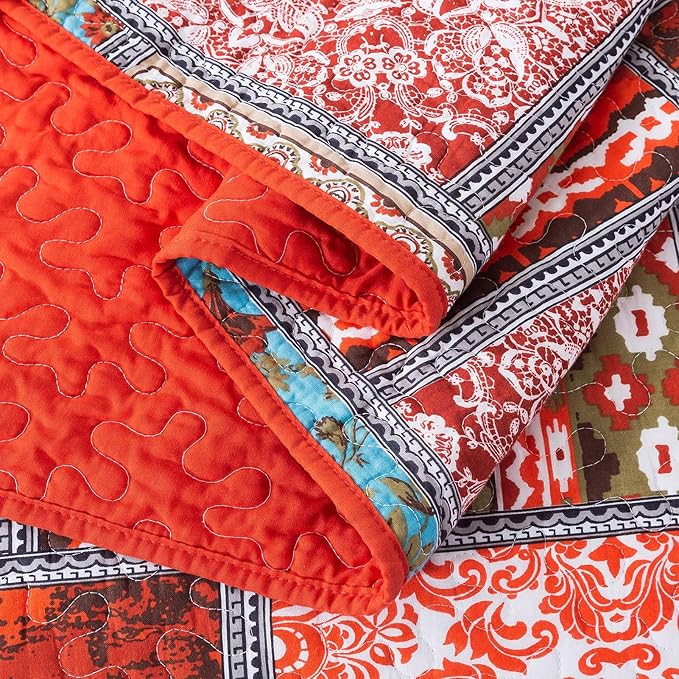 NEWLAKE Cotton Bedspread Quilt Sets-Reversible Patchwork Coverlet Set, Mediterranean Classic Bohemian Pattern,Queen Size