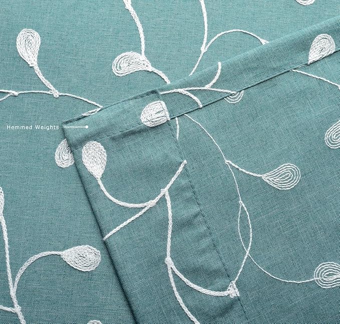 MIUCO Floral Embroidered Semi-Sheer Curtains Faux Linen Grommet Curtains for Living Room 52 x 84 Inch 2 Panels Set, Teal