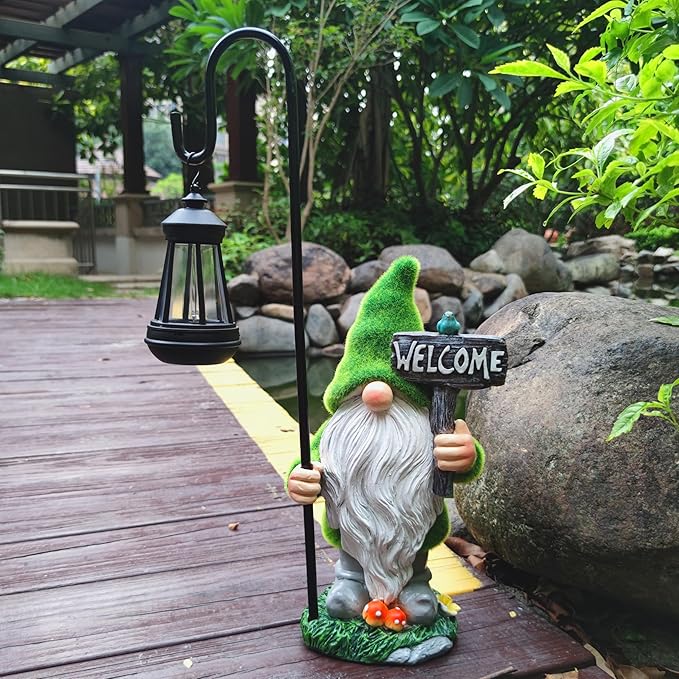 JOYBEE Garden Statues Gnome with Solar Lantern Outdoor Decor-Gnomes Solar Figurines Lights Decorations for Patio Yard Lawn Ornaments-Gifts for Women Mom Grandma