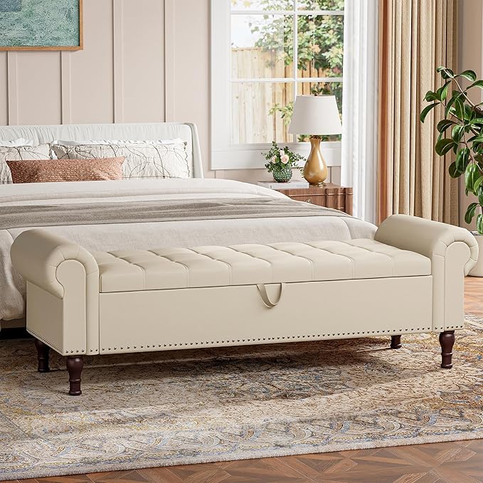 Storage Ottoman Bench for Bedroom, 60" Upholstered Bedroom Bench with Rolled Arms and Vintage Rivets, Large Storage Chest for Living Room, Bedroom, Entryway, Beige