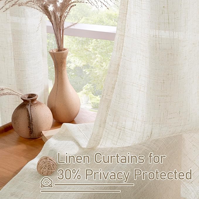 LAMIT Natural Ivory Linen Curtains for Doorway, 80 inch Length Light Filtering Semi Sheer Drapes Bronze Grommet Neutral Panels for Bedroom/Living Room, 34 x 80 Inch, 2 Panels