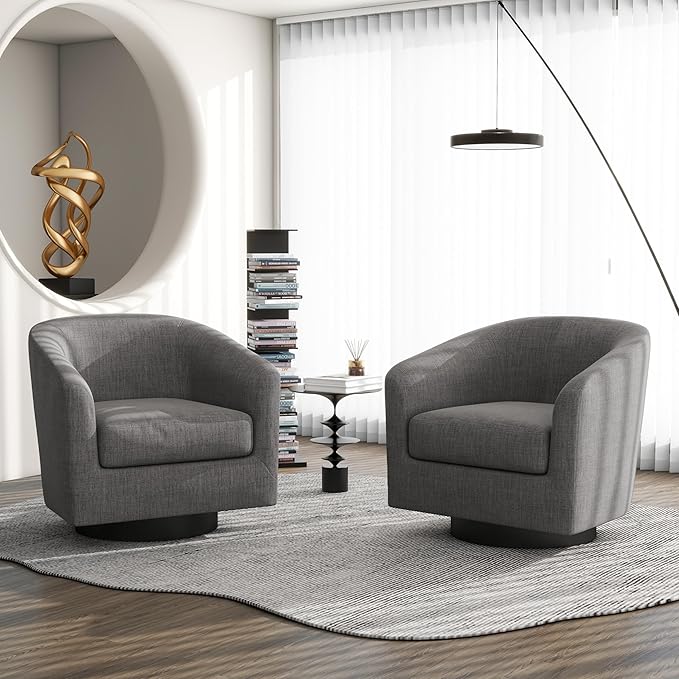 Swivel Barrel Accent Chair, Modern Round Linen Arm Chair for Living Room, Bedroom, Comfy Club Reading Chairs for Adults（Linen Fabric, Grey, Set of 2