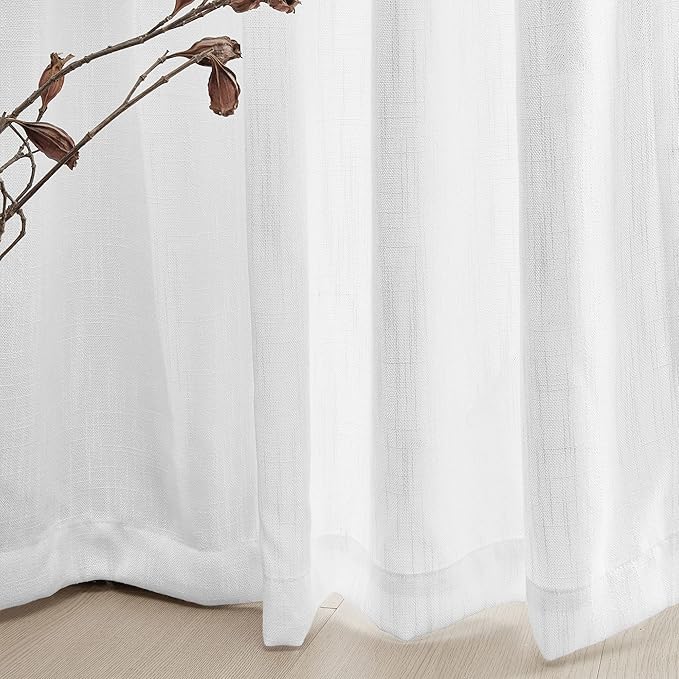 MYSKY HOME Floor to Ceiling Curtains 108 Inches White Sheer Window Drapes 2 Panel Sets Back Tab Draperies Linen Look Boho Fabric, Soft Cotton Blend Light Filtering for Living Room