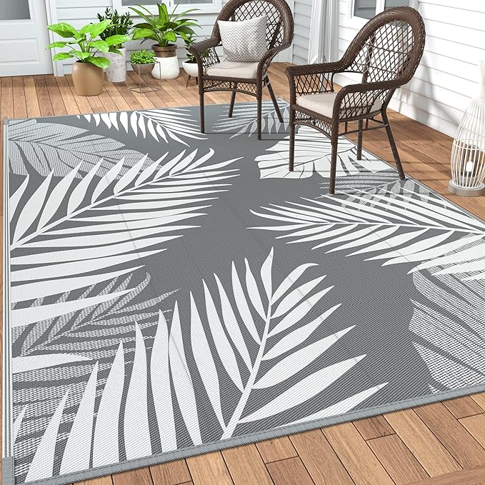 GENIMO Outdoor Rug 9' x 12' Waterproof for Patios Clearance, Reversible Plastic Straw Camping Carpet, Large Area Rugs Mats RV, Picnic, Backyard, Deck, Balcony, Porch, Beach, Grey&White