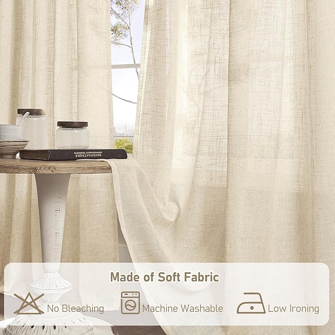 LAMIT Linen Sheer Curtains 95 inch for Living Room, Soft Thick Light Filtering Boho Window Textured Neutral Drapes with Bronze Grommet for Bedroom Farmhouse, 2 Panels, 52 x 95 Inch, Linen