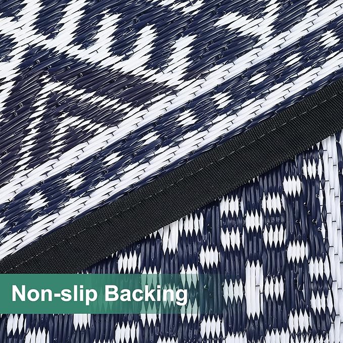 GAOMON Reversible Outdoor Rug 9'x18' Waterproof Plastic Straw Rug, Patio Rug, Large Modern Area Rug Carpet, Indoor Outdoor Rugs for Camping, Porch, Deck, Balcony, Backyard, Dark Blue/White(Bohemia)