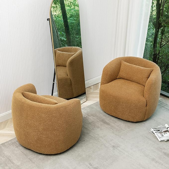 KINWELL 34" Wide Boucle Swivel Barrel Chairs Set of 2, No Assembly Round Upholstered Armchairs Accent Chairs Single Sofa Chair with Toss Pillow for Living Room and Bedroom, Brown