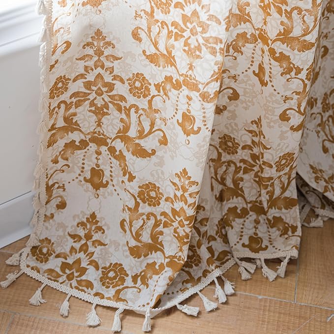 Sutuo Home Boho Curtains for Bedroom Living Room 96 Inches Length Long, Printing Moroccan Cotton Linen Rod Pocket Vibe Farmhouse Bohemian Tassels Window Treatment, 1 Panel 59" W x 96" L, Brown Damask