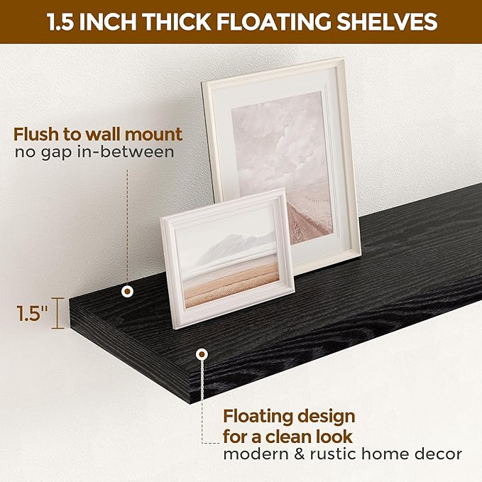 40 Inch Floating Shelves Black, 40" W x 9" D Floating Shelf Set of 2, Farmhouse Wood Wall Shelves for Bedroom, Kitchen, Wall Mounted Deep Shelving for Home Decor