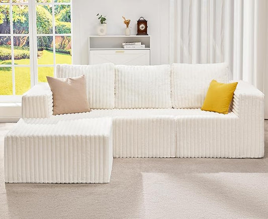 Hobestluk Modular Sectional Sofa Memory Foam Couch Oversized Sectional Sofa 3-Seater with Chaise Cloud Couch with Removable Cover L Shape Sofa for Living Room (Strip White, 3-Seater with Chaise)