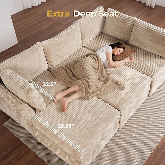 HOOOWOOO Modular Sectional Sofa,8 Pieces Sectional Couches for Living Room,164X66 L Shaped Cloud Couch with Ottoman Chaise Set(Beige Velvet Corduroy)