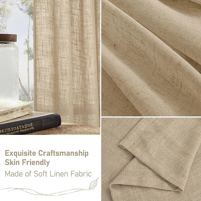 LAMIT Linen Blended Window Curtains 63 inch Length for Bedroom, Soft Semi Sheer Light Filtering Burlap Curtain Panles with Bronze Grommet Drapes for Living Room, 2 Panels Set, 52 x 63 Inch, Brown