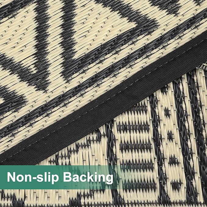 GAOMON Outdoor Rugs Patio Camping Waterproof Rug 6'x9' Plastic Straw Patio Rug Portable for Campers, Outside RVs Mat for Patios Clearance, Backyard Porch, Balcony, Black/Coffee(Bohemia)