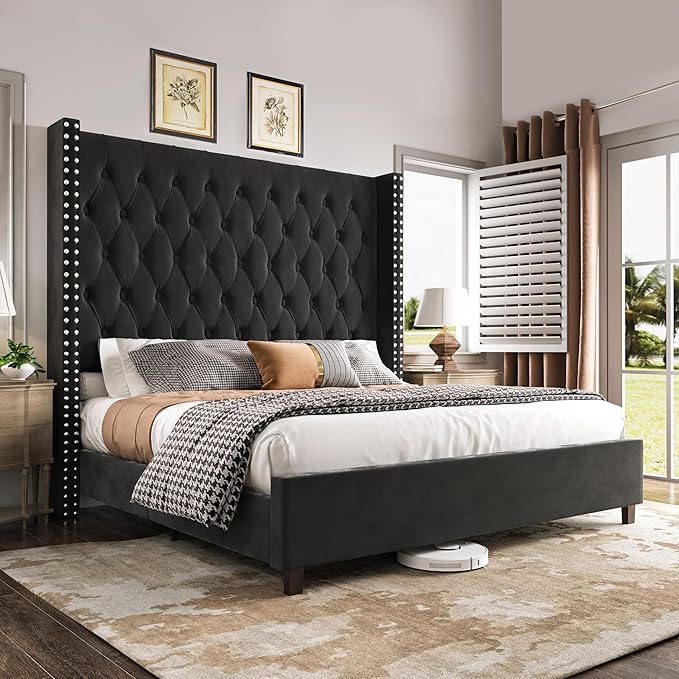 PaPaJet King Size Bed Frame with 61.4" Tall Headboard, Velvet Modern Upholstered Tufted Bed for Adults, Handmade Deep Button Tufting, Solid Wood Legs, No Box Spring Required, Black