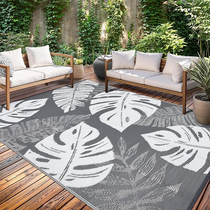 GAOMON Outdoor Rug Waterproof 9x12 Outdoor Plastic Straw Rug for Patio, Reversible Modern Camping Mat with Bag & Stakes, UV Resistant & Easy to Clean Carpet for RV, Deck, Balcony, Grey