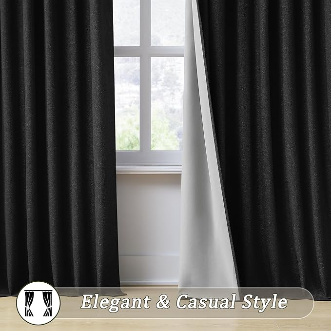 RAIN CITY Extra Wide Blackout Large Curtains 70 x 108 Inch Long, Linen Blend Black Out Pleated Curtains 2 Panels Set, Back Tab Pocket Textured Curtain for Home Office Patio Sliding Glass Door