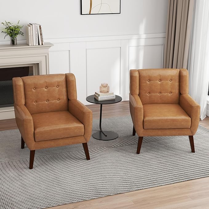 UIXE Faux Leather Accent Chair, Modern Arm Club Chair Upholstered Armchair for Living Room, Comfy Single Sofa Seats Button Tufted Reading Seating, Brown