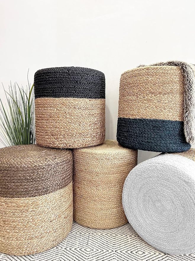 Jute Pouf Ottoman | Footrest Pouf | Hand Braided - Round Boho Pouffe - for Living Room, Bedroom, Nursery (16"x16"x16") Navy