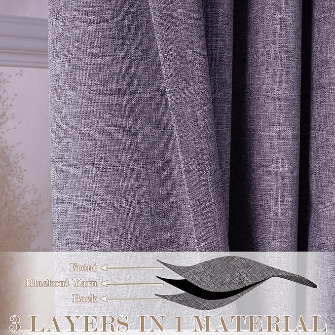 Extra Wide 100% Blackout Linen Textured Curtains - Room Dividers, W150 x L108 (1 Panel), Pinch Pleat Drapes for Living Room, Full Light Block Out Drapery for Sliding Door, Violet