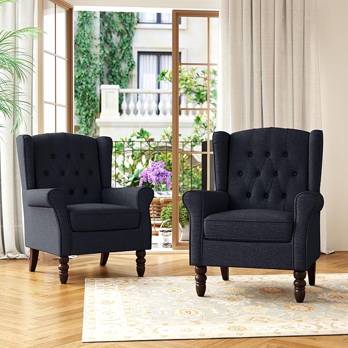 Accent Chair, Upholstered Armchair with Button Tufted High Back & Solid Wood Legs, Comfy Wingback Reading Single Sofa Chair for Small Spaces, Living Room, Bedroom (Blue, Set of 2)