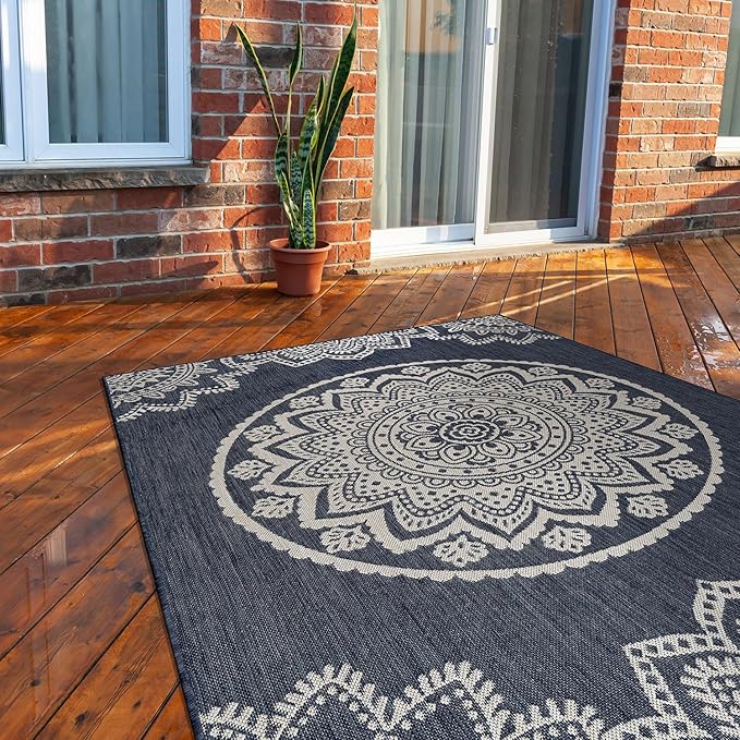 CAMILSON Outdoor Rug 10x14 Modern Area Rugs for Large Indoor and Outdoor Patios and Porches - Waterproof Washable Non-Shedding Easy-to-Clean Outside Carpet (10 x 14, Medallion - Blue/White)