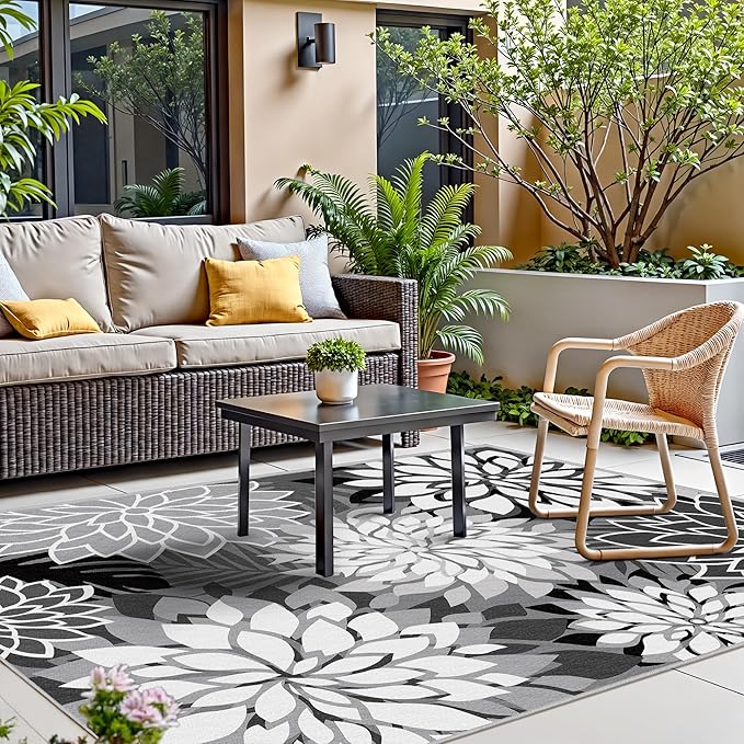 Indoor Outdoor Area Rug Washable Multicolored Rug Tropical Botanical Modern Floral Indoor Outdoor Carpet Black White Rug Non Slip Non Shedding for Patio, Deck, Backyard, Porch (9x12)