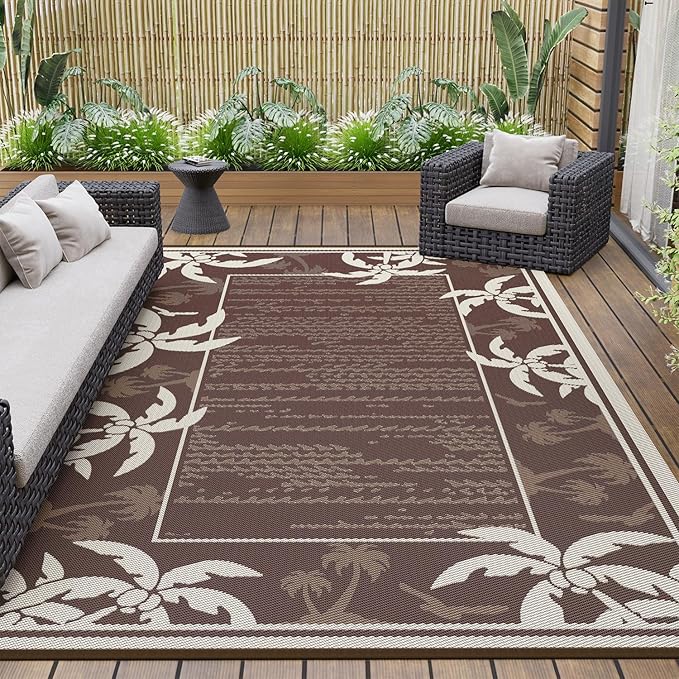 COCOER Outdoor-Rug 8x10 ft Waterproof Reversible Outdoor Plastic Straw Rug RV Indoor Outdoor Carpet Quick Dry Patio Rug Camping Mat for Balcony Backyard Picnic Beach-Brown&Beige