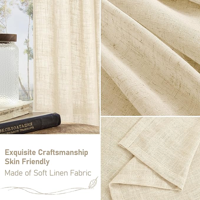 LAMIT 45 Inch Length Linen Curtains for Bedroom, Light Filtering Semi Sheer Neutral Short Decorative Window Drapes with Bronze Grommet for Kitchen,2 Panels Set, 52 X 45 Inch, Beige