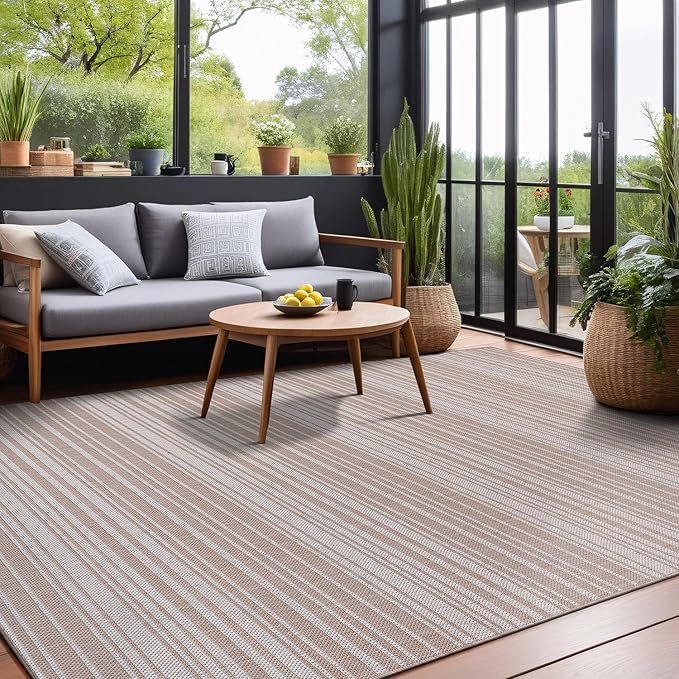 Stripe Outdoor Rug 8x10 Washable Outside Carpet for Indoor Patio Porch Waterproof Easy Cleaning Non Shedding Area Rugs Beige 8 x 10