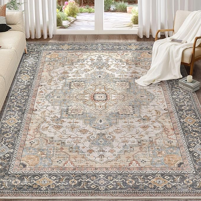 Washable Area Rugs for Living Room -10x13 Neutral Vintage Distressed Floral Farmhouse Boho Large Soft Floor Rug Indoor Non Slip Carpet for Living Room Bedroom Dining Room Office - Forest Green Orange