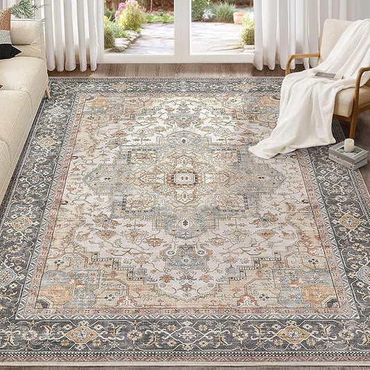 Washable Area Rugs for Living Room -10x13 Neutral Vintage Distressed Floral Farmhouse Boho Large Soft Floor Rug Indoor Non Slip Carpet for Living Room Bedroom Dining Room Office - Forest Green Orange