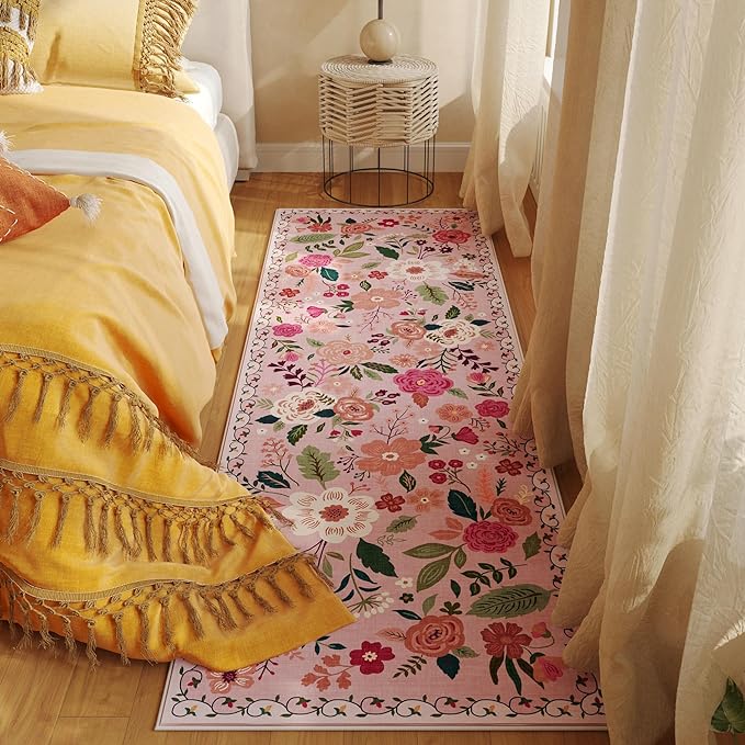 Runner Rug for Hallways Kitchen Rug Non Slip 2'x 6' Washable Rugs with Rubber Backing Soft Floral Carpet Runner for Hallways, Kitchen, Laundry, Bedroom, Bathroom(Pink)