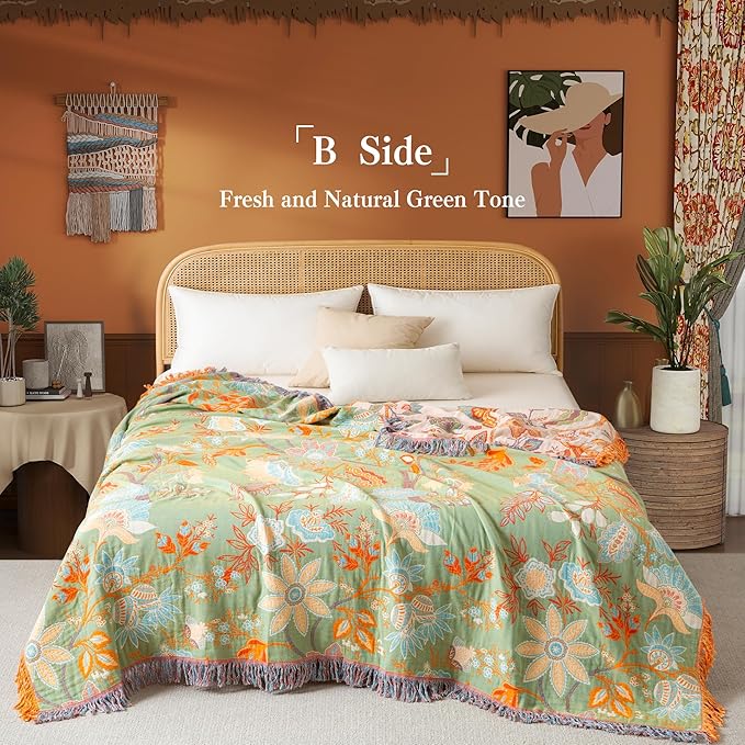 Boho Throw Blanket Queen Size, Soft Cozy Cotton Muslin Quilt Blanket for Bed Decor, Floral Patterned Couch Sofa Chair Cover, Vintage Farmhouse Cottage Tapestry Woven Blanket, Coral&Green