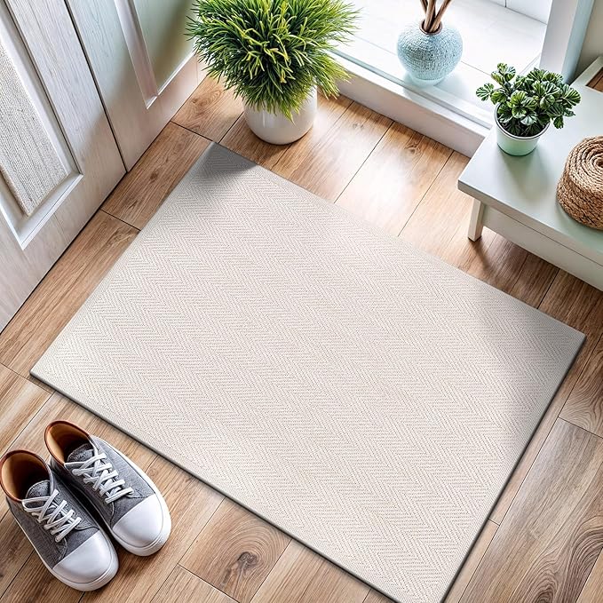 CAMILSON Easy Jute Rug 2x3, Indoor Outdoor Off-White Color Fiber Area Rugs for Bathroom and Kitchen Rug, Herringbone Seagrass Boho Woven Design, Easy-Cleaning, Washable Outside Carpet Alfombras 2 x 3