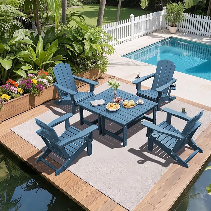 SERWALL Patio Coffee Table, HDPE Rectangle Outdoor Coffee Table Set of 2, Navy