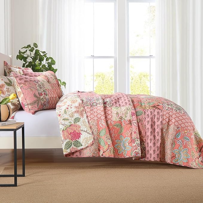 NEWLAKE Cotton Patchwork Bedspread, 3-Piece Bedding Quilt Set with Real Stitched Embroidery, Reversible Matelasse Bed Coverlet Set,Bohemian Floral, Queen Size