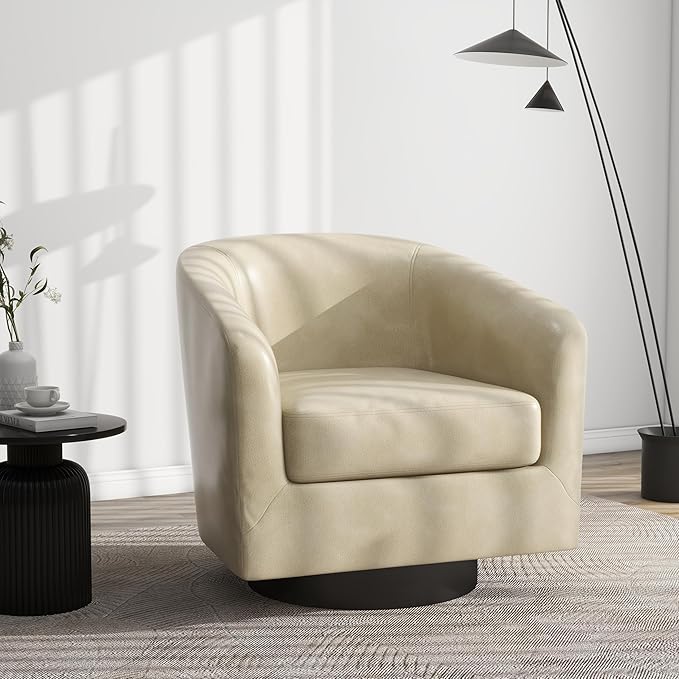 Swivel Barrel Accent Chair, Modern Round Faux Leather Arm Chair for Living Room, Bedroom, Comfy Club Reading Chairs for Adults(Faux Leather, Cream, Set of 2)