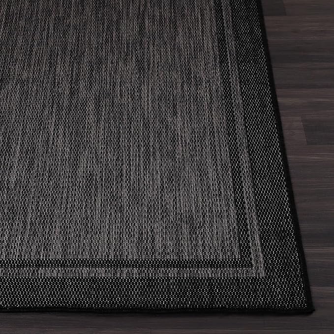 CAMILSON Indoor Outdoor Rug, 10x14 Bordered Dark Grey Black Modern Large Area Rugs for Indoor and Outdoor Patios, Kitchen and Hallway Mats, Washable Porch Deck Outside Carpet (Bordered Black, 10 x 14)