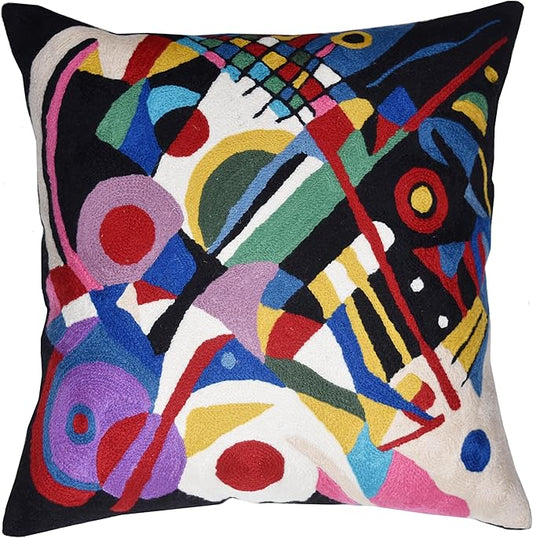 Kandinsky Impulse Modern Decorative Pillow Cover Black Abstract Toss Pillowcase Farmhouse Chair Cushion Contemporary Pillow Mid-Century Chair Cushions Hand Embroidered Pillow Wool Size 18x18