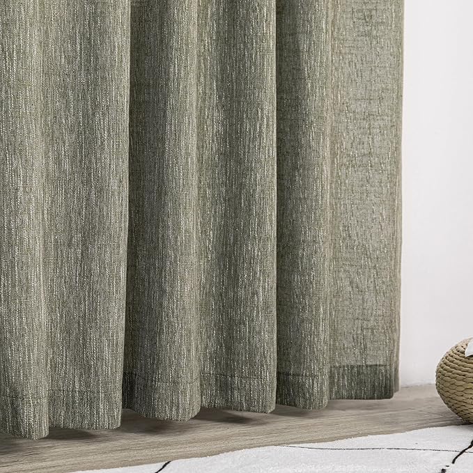 MYSKY HOME Living Room Curtains 84 Inches Long Semi Sheer Light Filtering Privacy Drapes Linen Look Textured Boho Home Decor, Backdrop Curtain for Parties, 50" x 84", Olive Green, 2 Panels