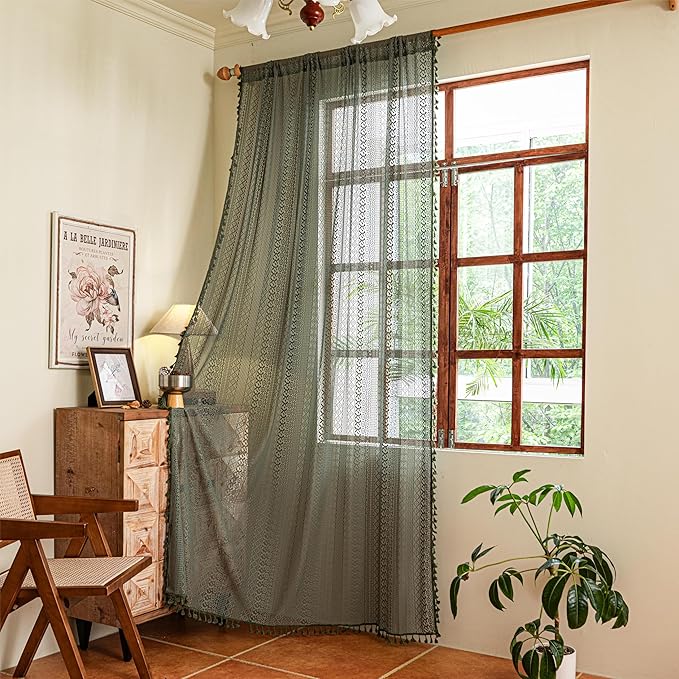 Sutuo Home Olive Green Boho Curtains 84 inches Long for Bedroom Living Room, Crochet Lace Sheer Bohemian Hollow Geometry Knitted Handmade Tassels, Privacy Vintage Farmhouse, 1 Panel 59" W x 84" L