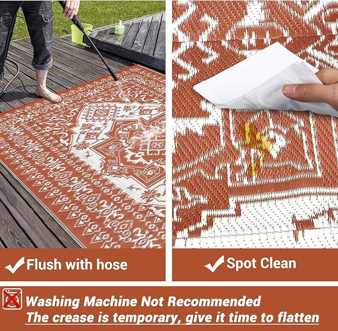 GAOMON Large Outdoor Plastic Straw Rug 10x14 Waterproof Patio Rug Reversible Foldable Portale Camping Mat with Stakes & Bag, Vintage Boho Outside Carpet for RV Garden Deck Porch, Orange Red