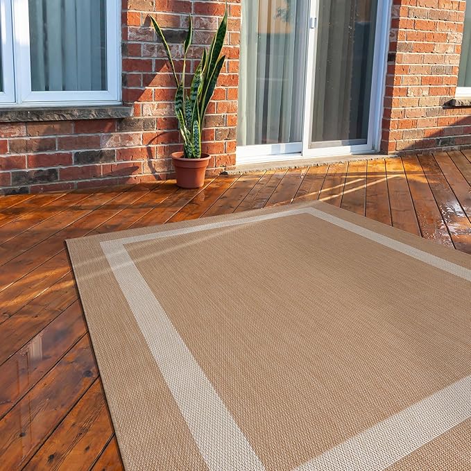 CAMILSON Outdoor Rug 10x14, Large Modern Outside Rugs for Patios Porches Waterproof Durable Washable Non-Shedding, Easy-to-Clean Indoor/Outdoor Area Carpet (10 x 14, Bordered - Beige/White)