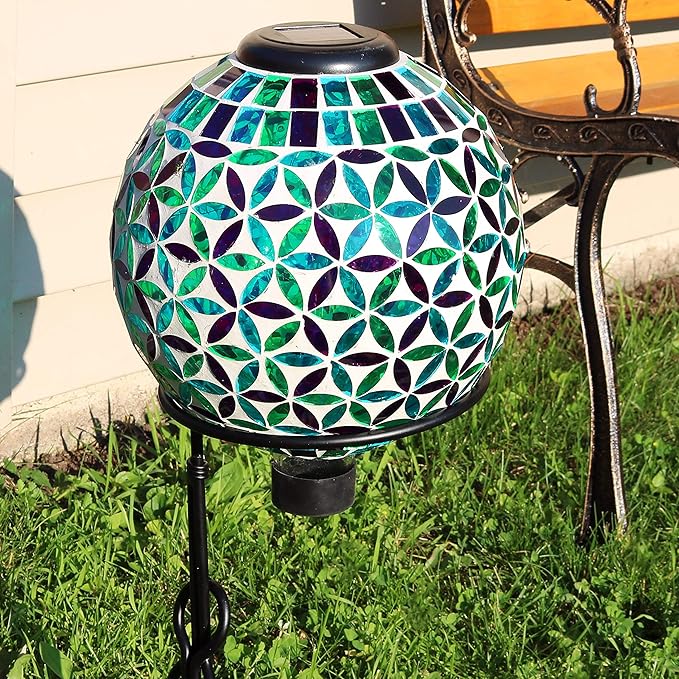 Sunnydaze Cool Blooms 10" Mosaic Glass Garden Gazing Globe with LED Solar Light - Set of 2