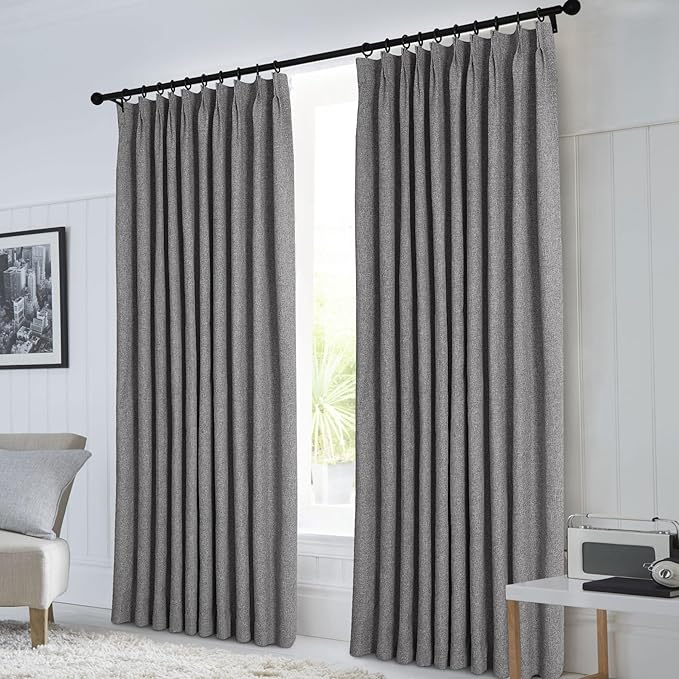 Macochico 100% Blackout Pinch Pleated Linen Curtains Thermal Window Treatments Sound Reducing Curtains for Bedroom Living Room Gray Farmhouse Burlap Drapes with Tieback 52”Wx63”L 1 Panel