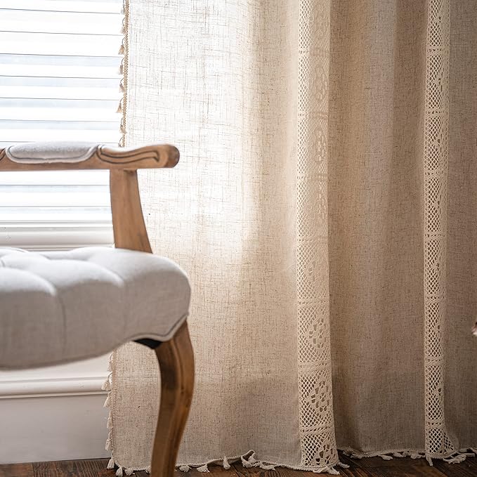 Sutuo Home Boho Curtain Semi-Blackout Crochet Hollow Lace Patchwork with Textured Linen Fabric, Handmade Tassels Rod Pocket Bohemian Window Drapes for Living Bedroom, 59" W x 84" L, 1 Panel